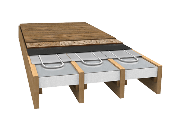 a computer rendering of how joisted underfloor heating is fitted between joists