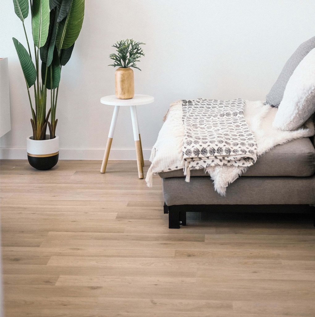 a chair, a side table with a plant beside a larger plant on a laminate floor